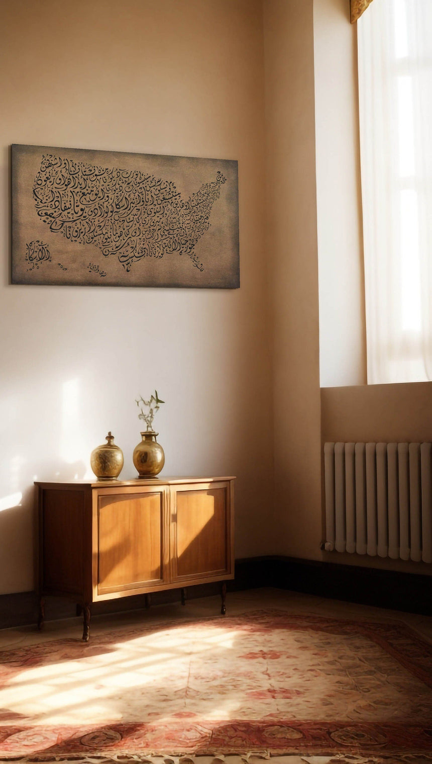 اللوحة الفنية لخريطة أمريكا معروضة على جدار غرفة معيشة عصرية.