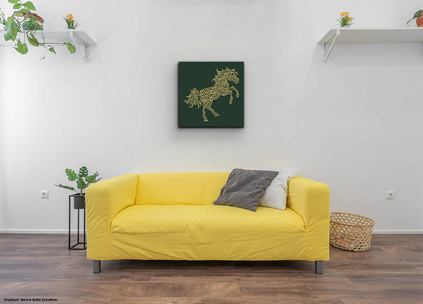 Wooden artwork of a horse with Al-Mutanabbi verses in Arabic calligraphy in a living room.