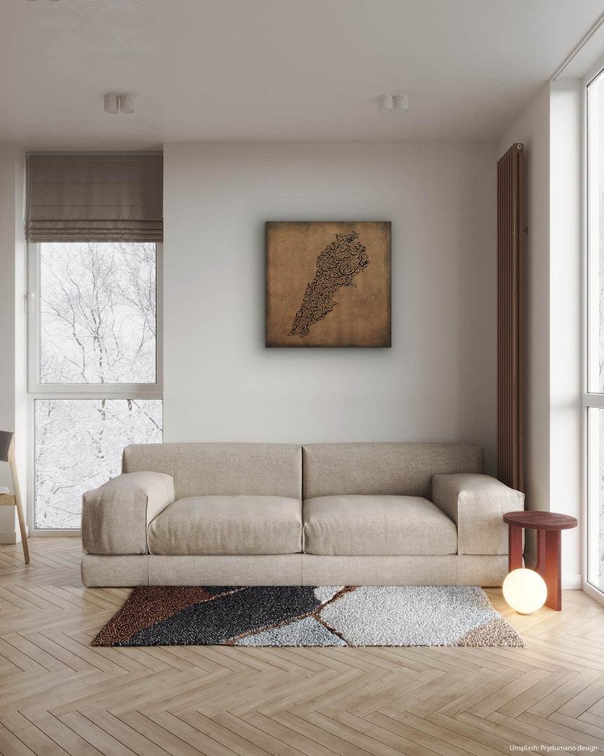 Lebanon map featuring the names of its cities in a modern living room.