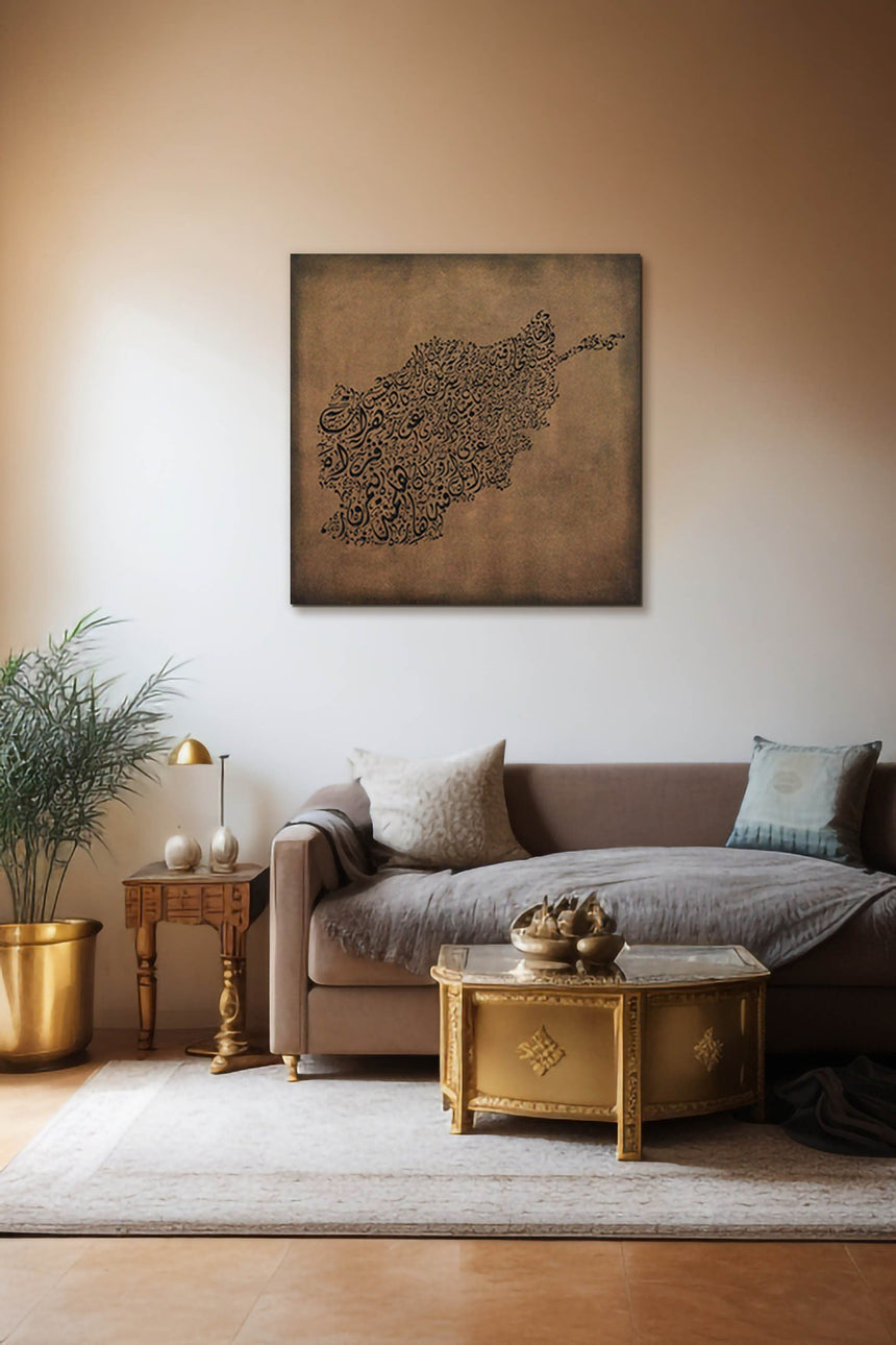 Afghanistan map, featuring the names of its cities in a living room.