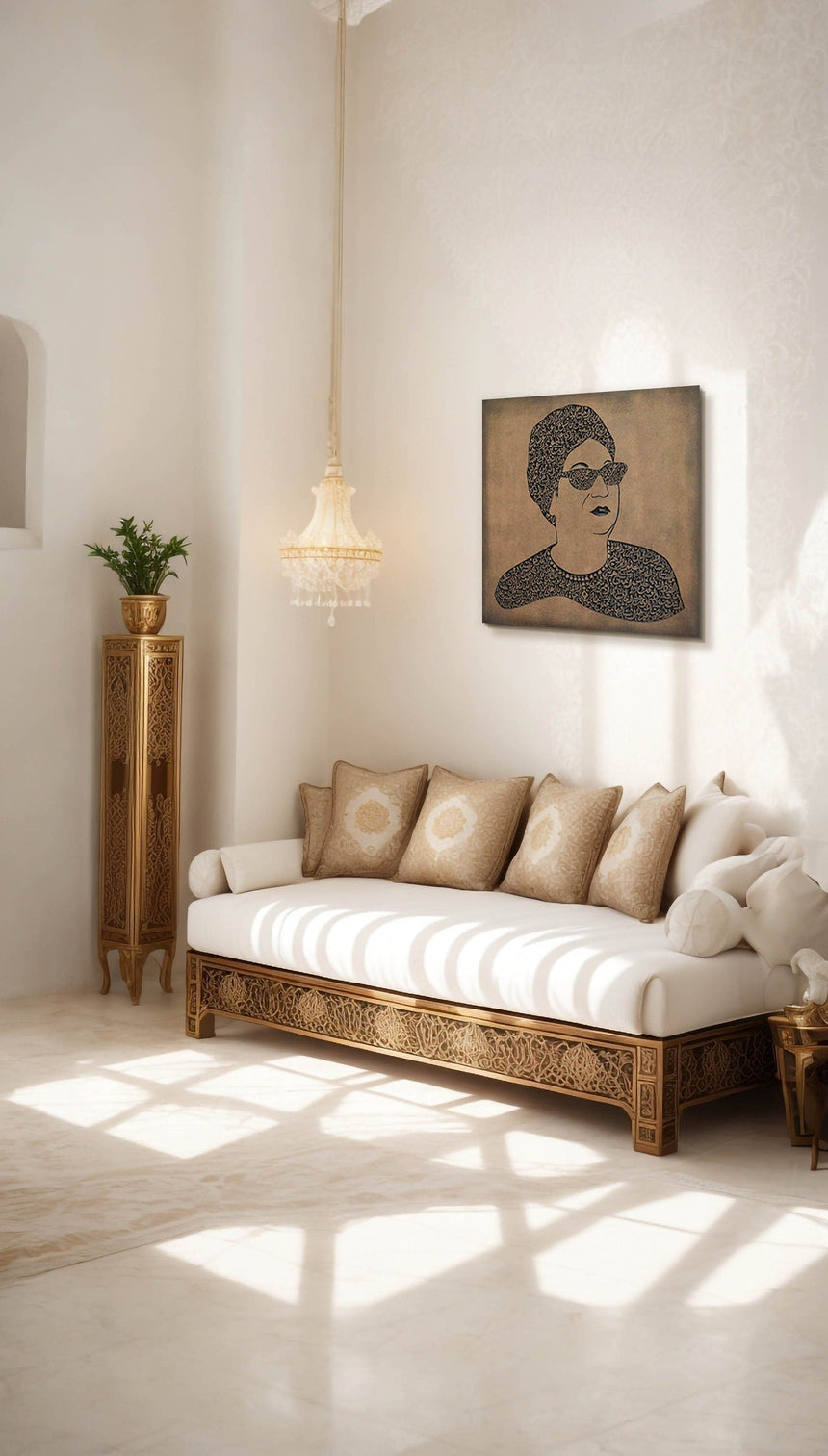 Carved wood portrait of Umm Kulthum with “Enta Omri” lyrics in living room.
