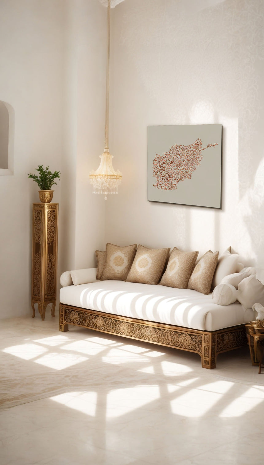 Afghanistan map, featuring the names of its cities in a living room.