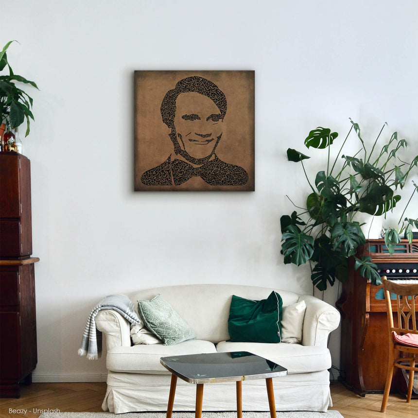 Carved wood portrait of Abdel Halim Hafez with “Ahwak” song in a living room.