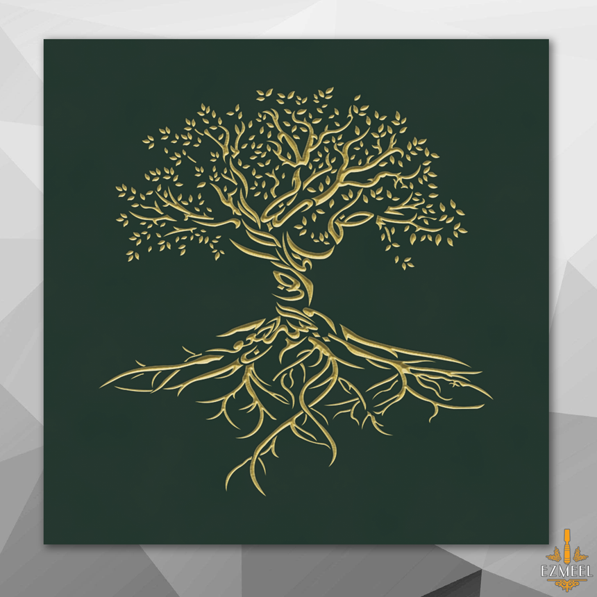 Carved wood artwork of an olive tree with the Arabic phrase “The land is ours, and to it we return.”