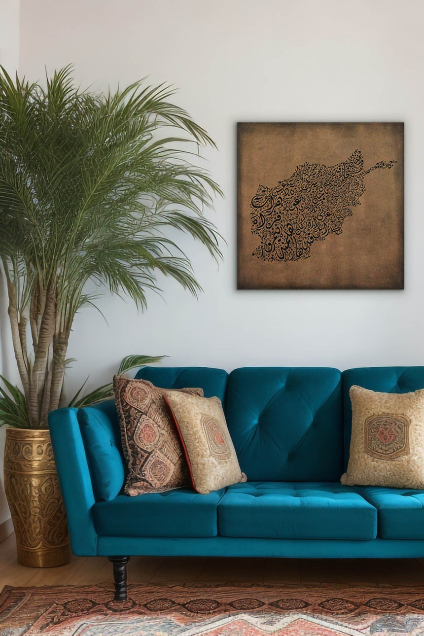 Afghanistan map, featuring the names of its cities in a living room.