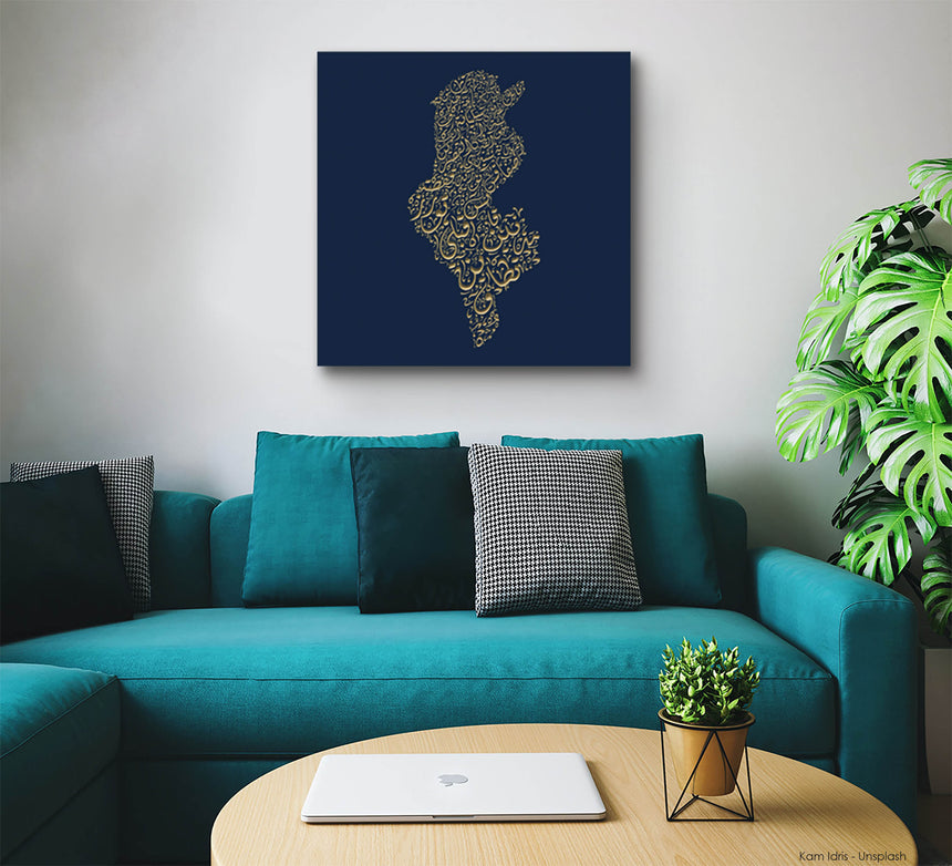 Tunisia map, featuring the names of its cities in a living room.