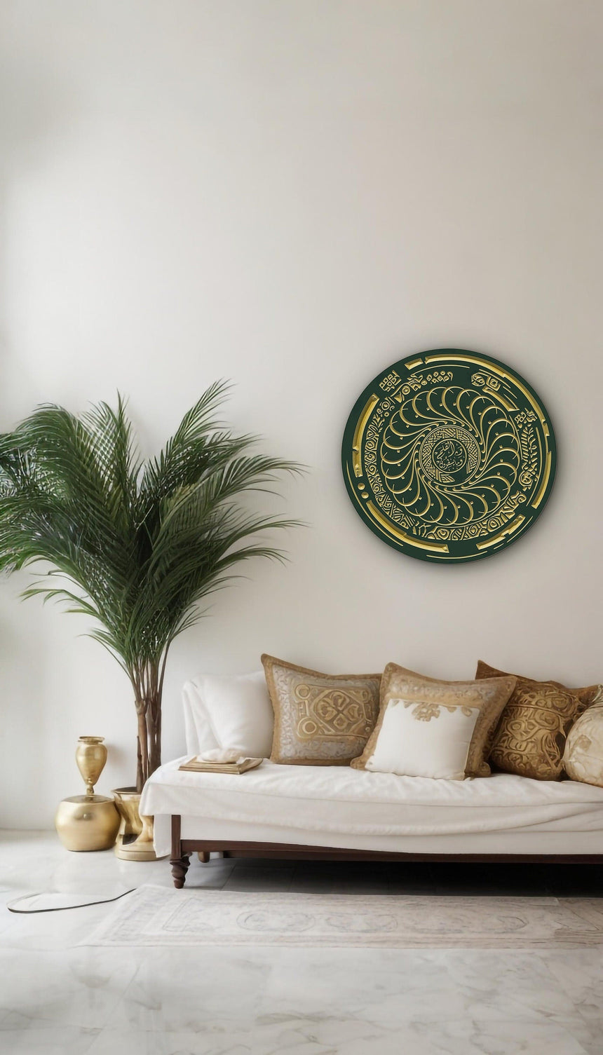 Carved wooden artwork with “Nun, by the Pen, and what they write” in a living room.