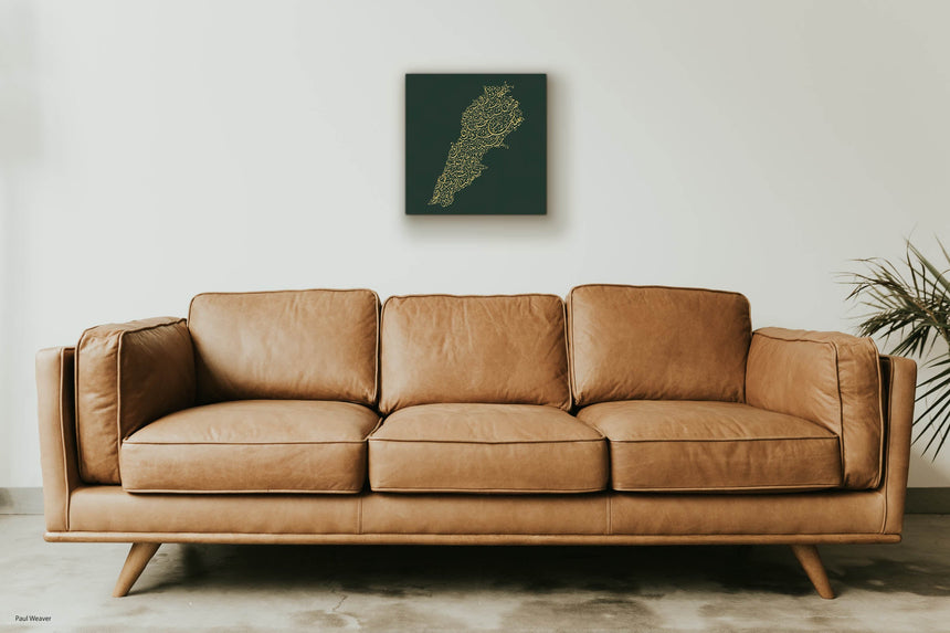 Lebanon map featuring the names of its cities in a modern living room.