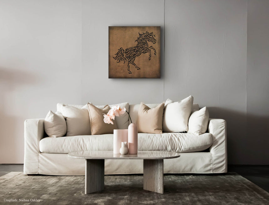 Wooden artwork of a horse with Al-Mutanabbi verses in Arabic calligraphy in a living room.