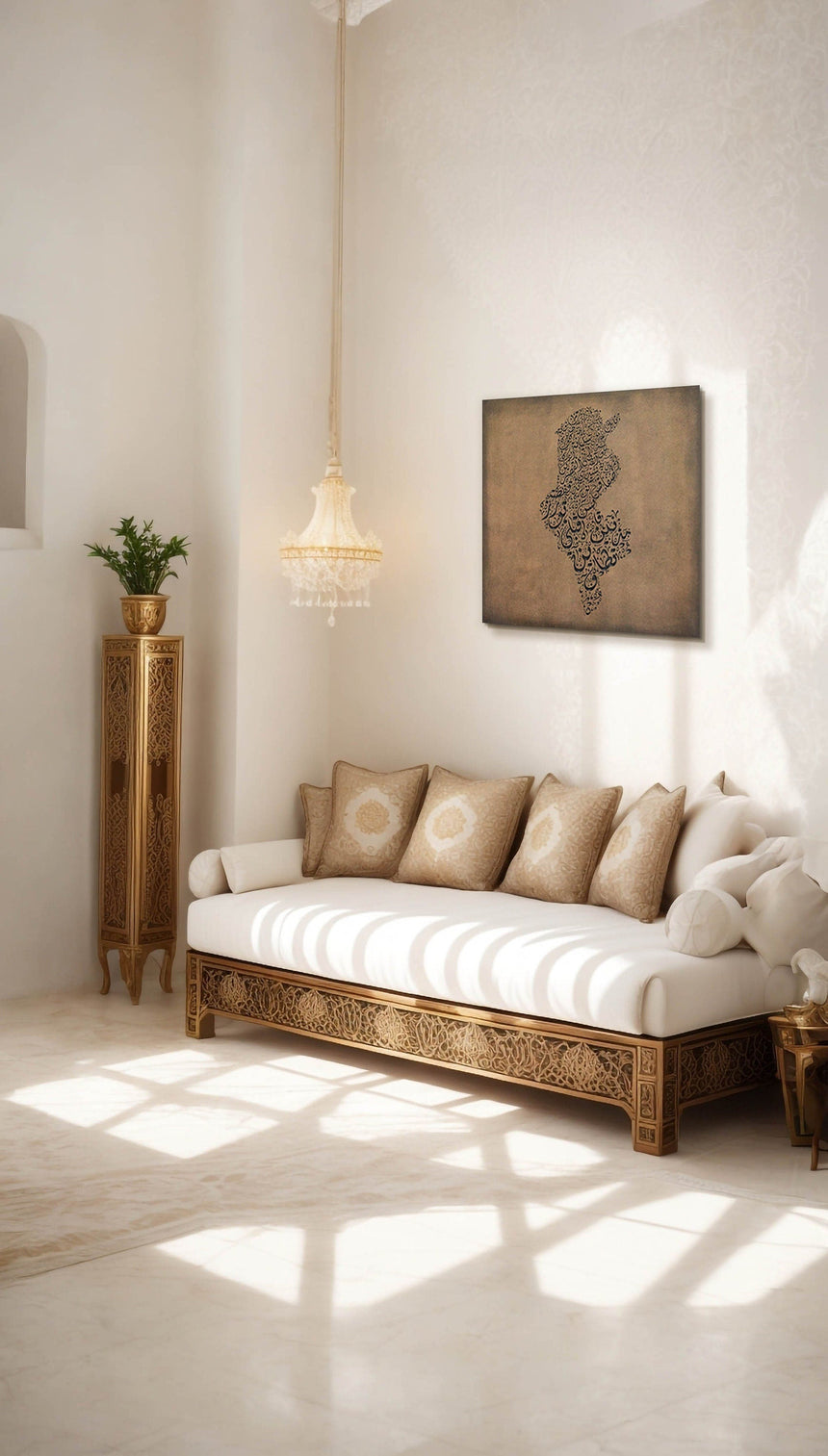 Tunisia map, featuring the names of its cities in a living room.