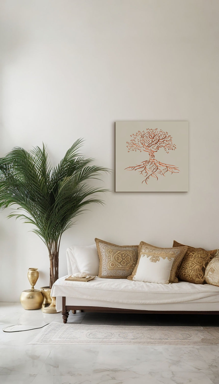 Wooden artwork of an olive tree with the Arabic phrase “The land is ours, and to it we return.” in a living room.