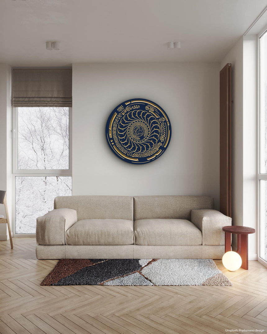 a living room with a couch and a large clock on the wall