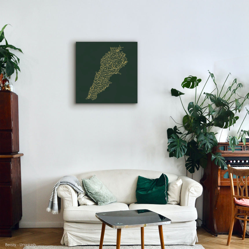 Lebanon Map: Green background, gold carving