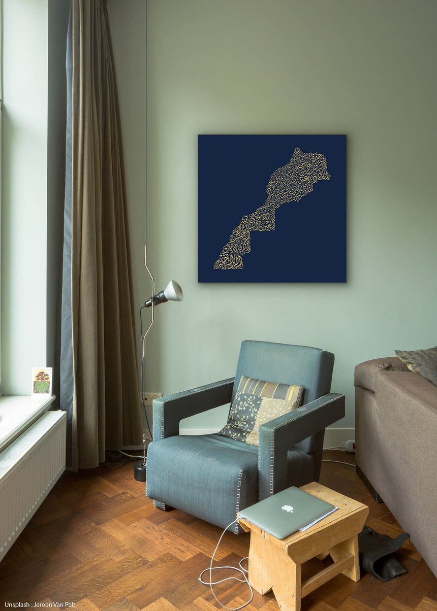 Morocco Map: Blue background, gold carve