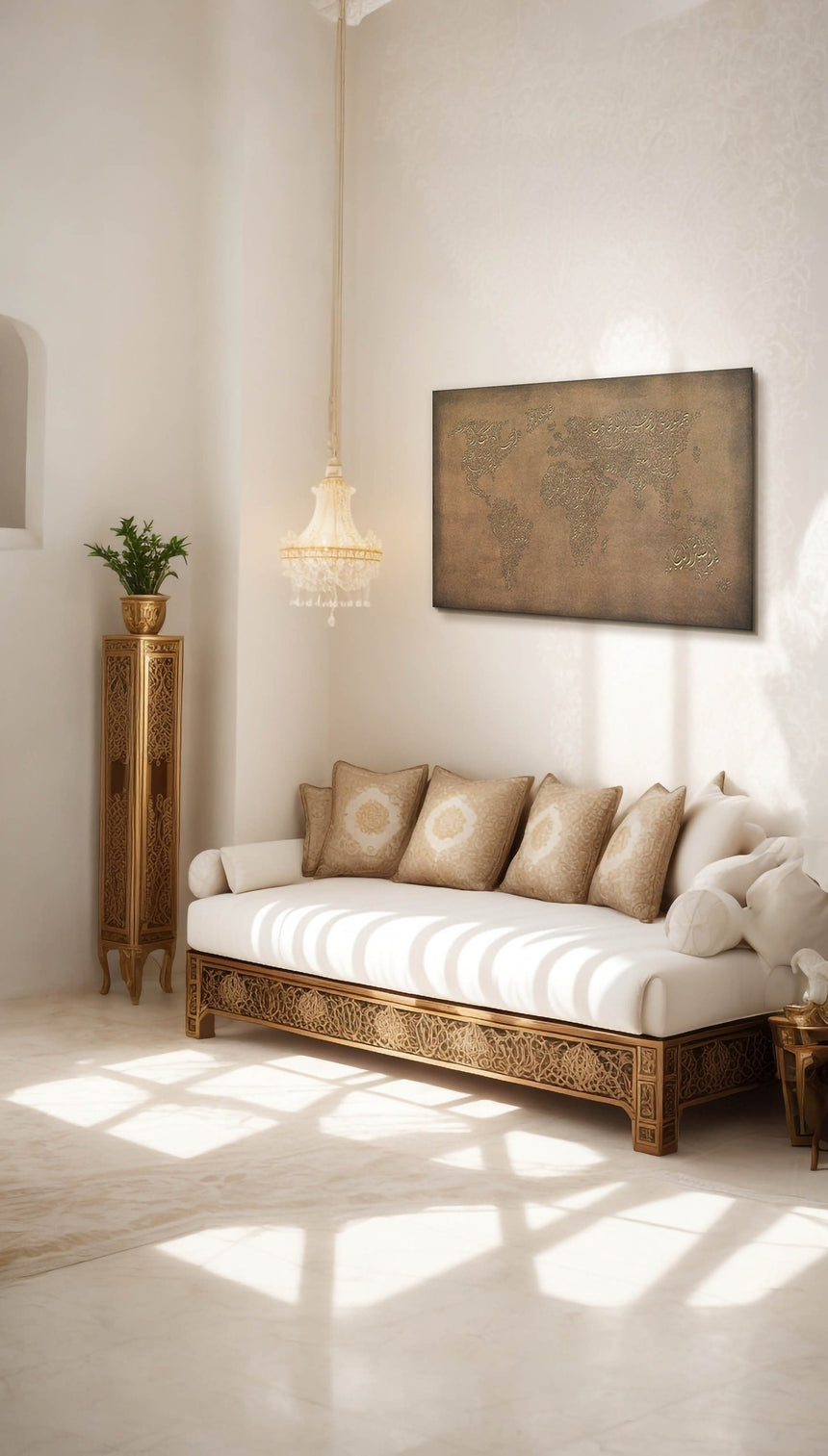 a living room with a couch and a table