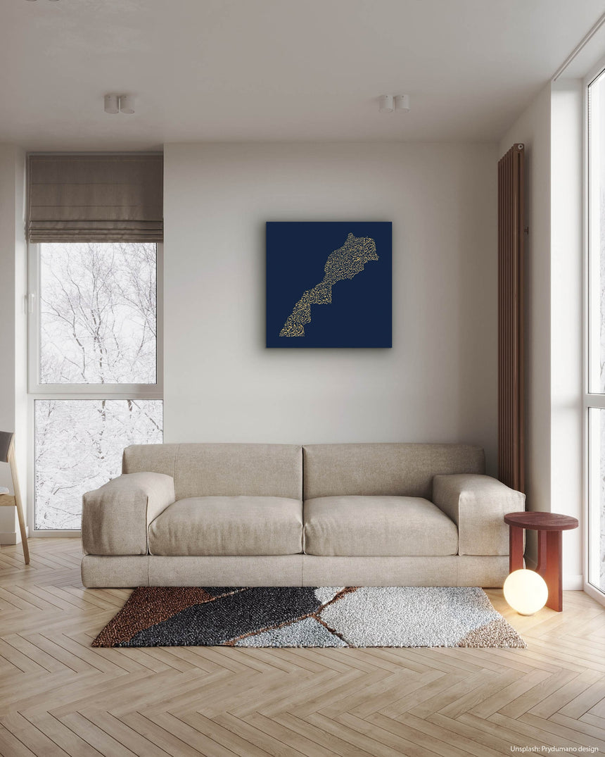 Morocco Map: Blue background, gold carve