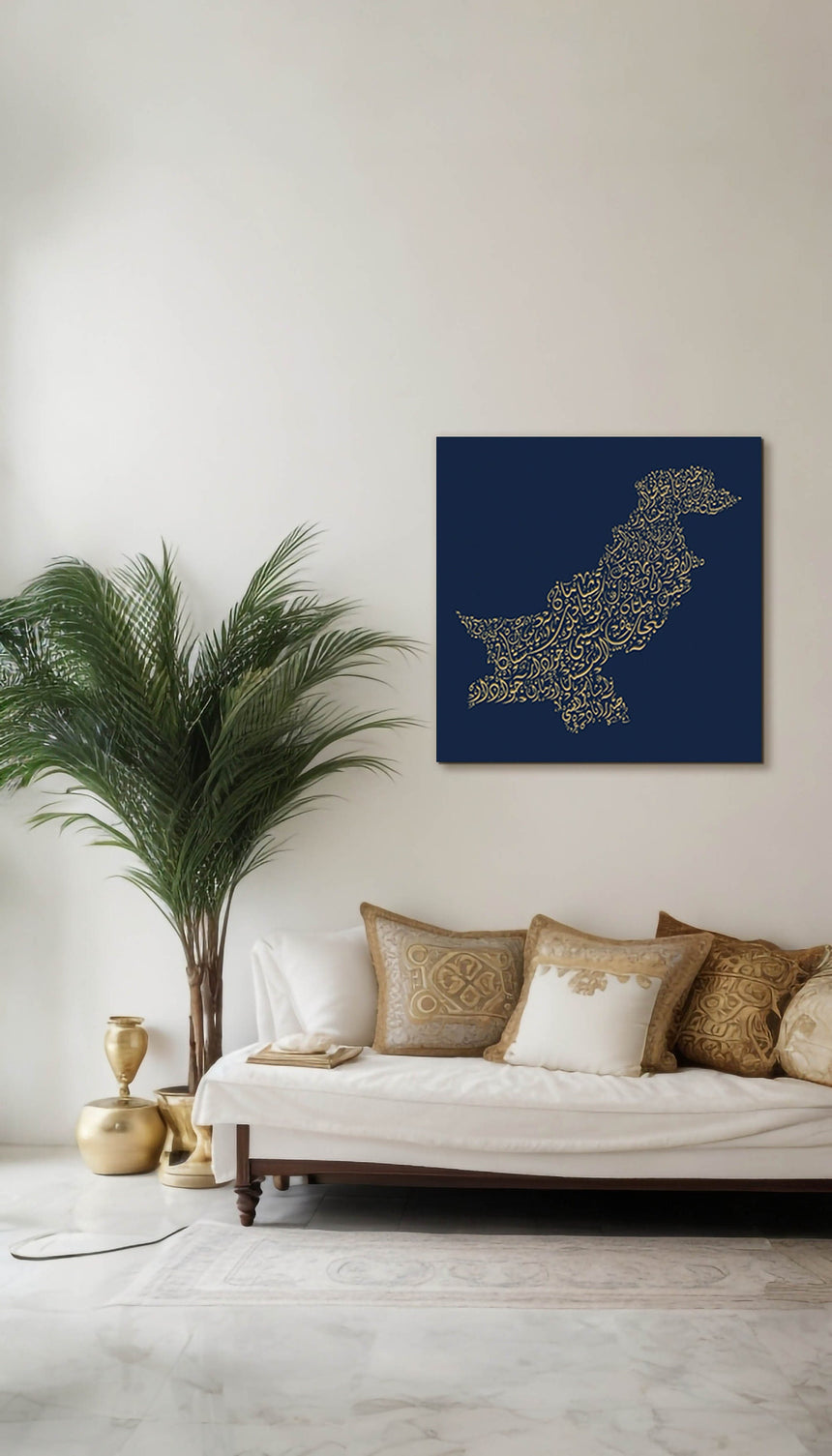 Pakistan Map: Blue background, gold carve