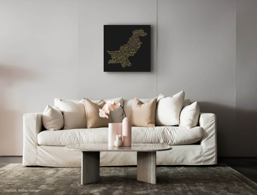 Pakistan Map: black background, gold carving