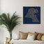 Carved wood artwork of the Kuwait map, drawn in Diwani calligraphy using the names of its cities in a living room setting.