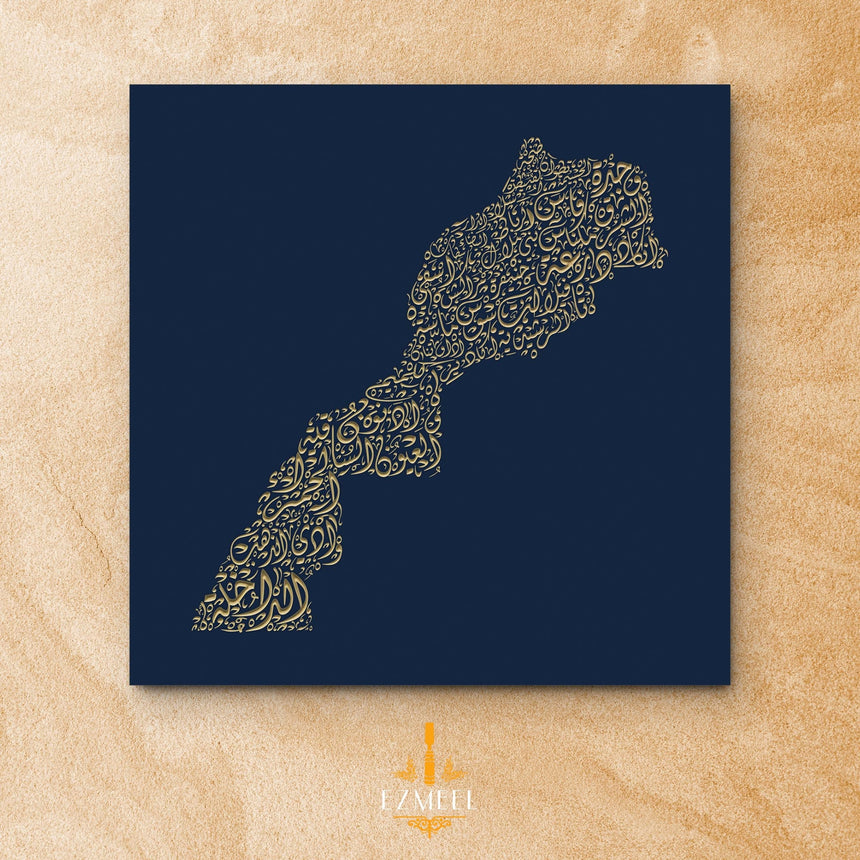 Morocco Map: Blue background, gold carve