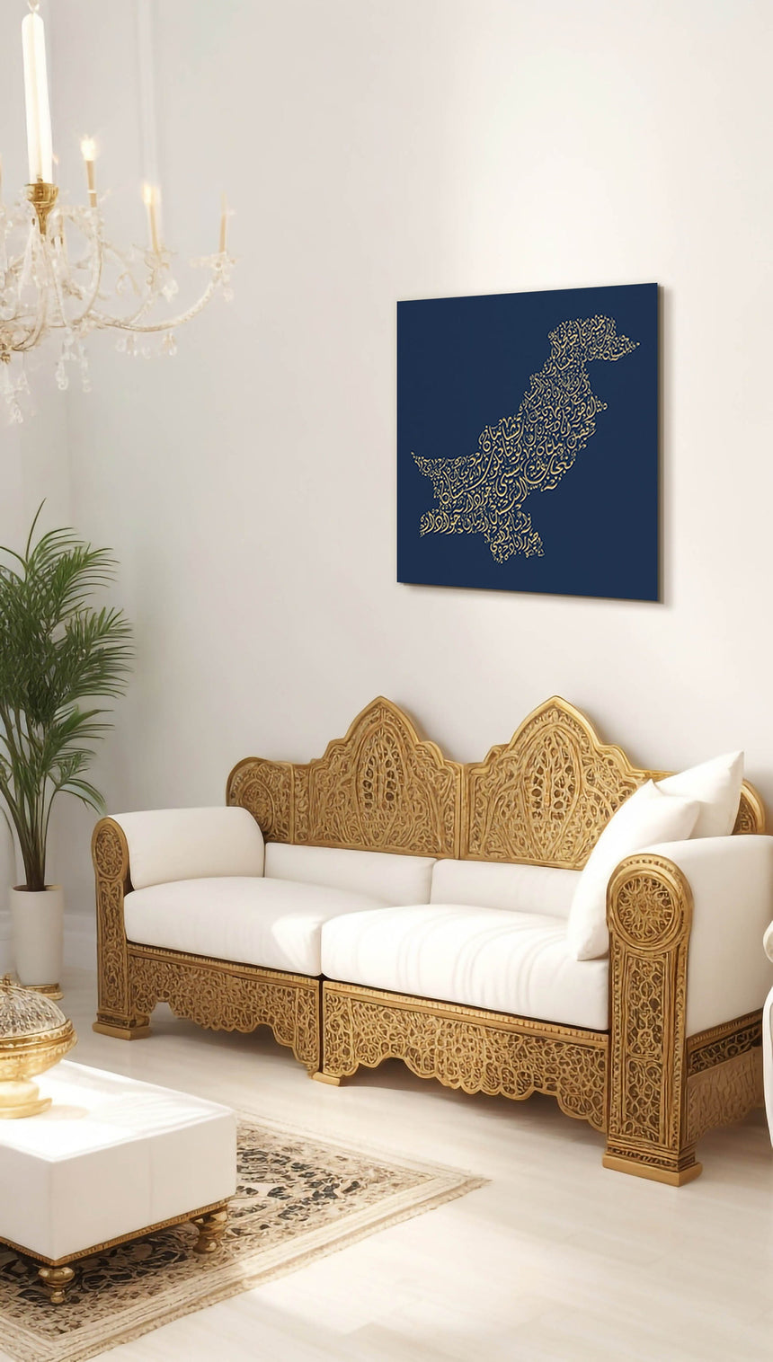 Pakistan Map: Blue background, gold carve