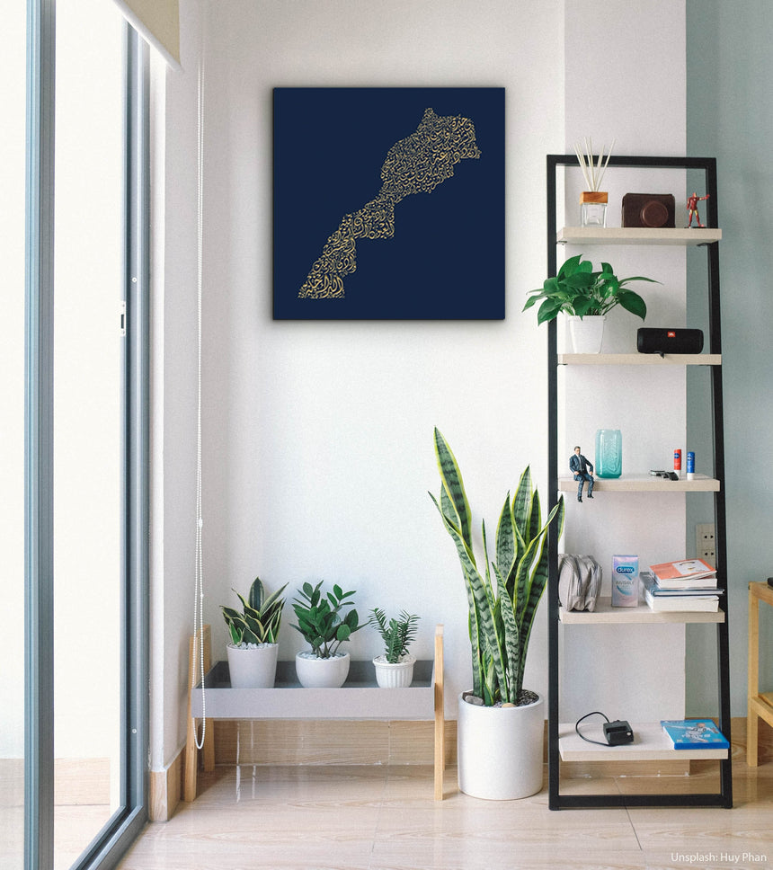 Morocco Map: Blue background, gold carve