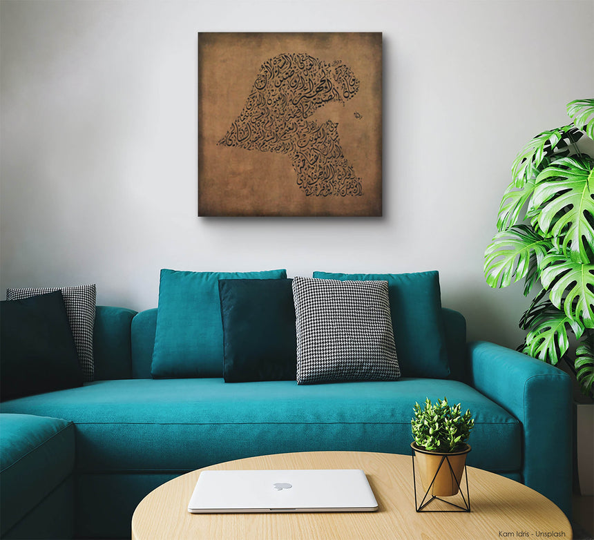 a living room with a blue couch and a coffee table