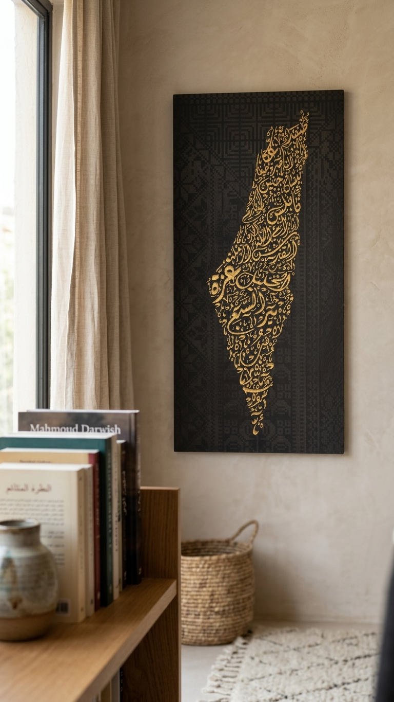 Palestine Map Artwork | Unique Calligraphic Map Art with Palestinian Embroidery Design on Wood