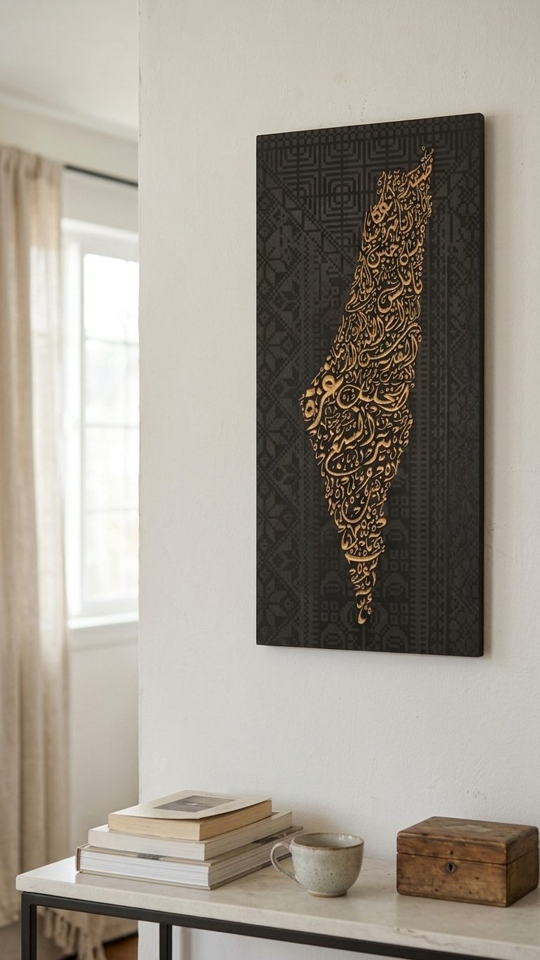 Palestine Map Artwork | Unique Calligraphic Map Art with Palestinian Embroidery Design on Wood