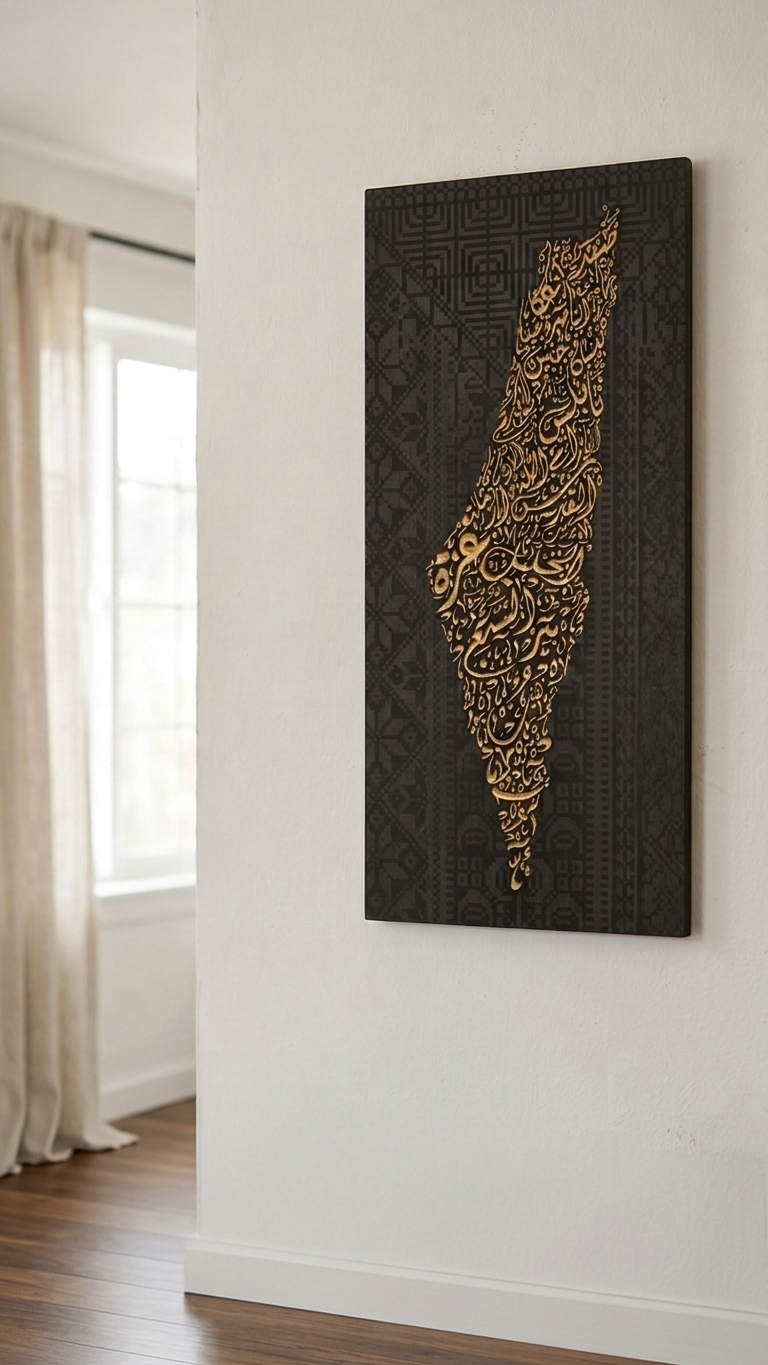 Palestine Map Artwork | Unique Calligraphic Map Art with Palestinian Embroidery Design on Wood