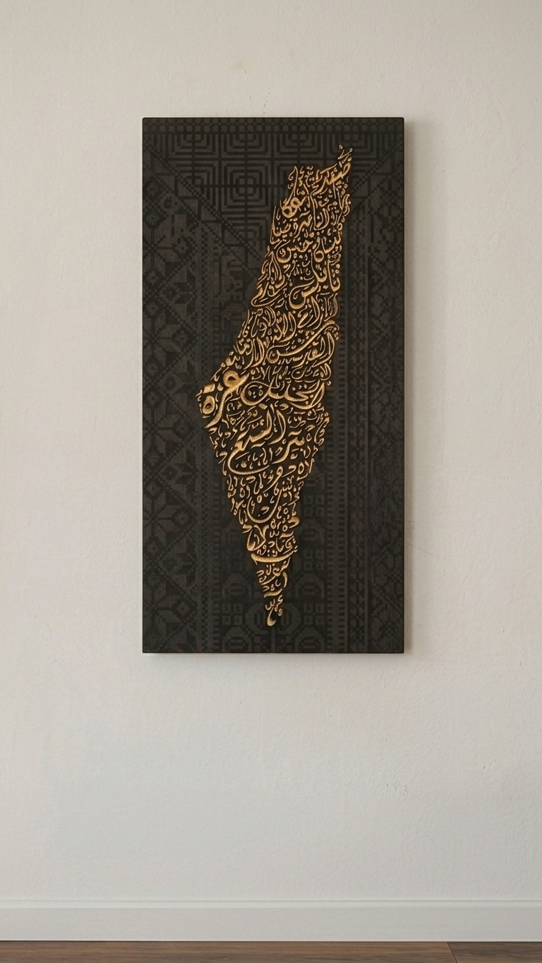 Palestine Map Artwork | Unique Calligraphic Map Art with Palestinian Embroidery Design on Wood