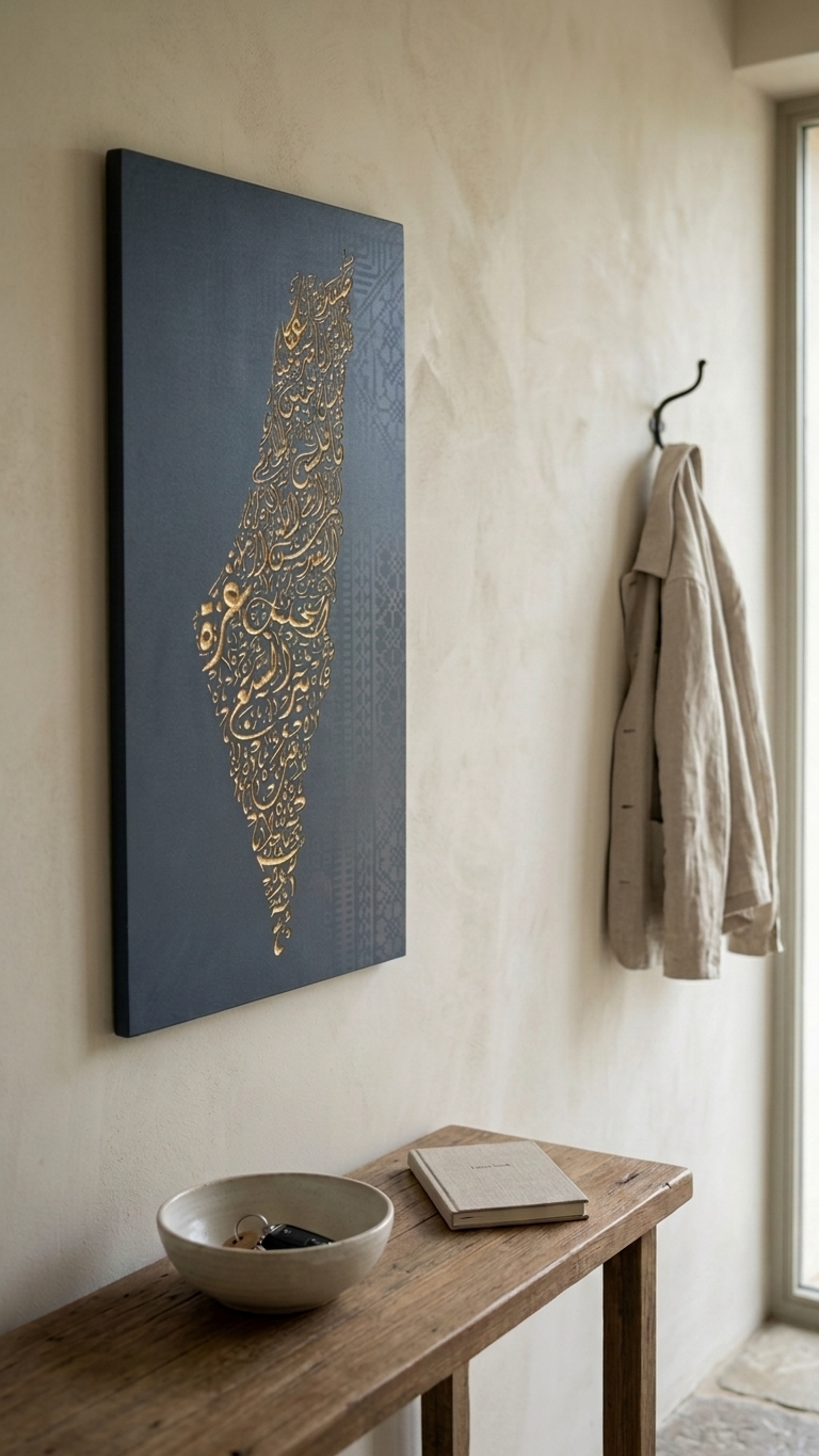 Palestine Map Artwork | Unique Calligraphic Map Art with Palestinian Embroidery Design on Wood