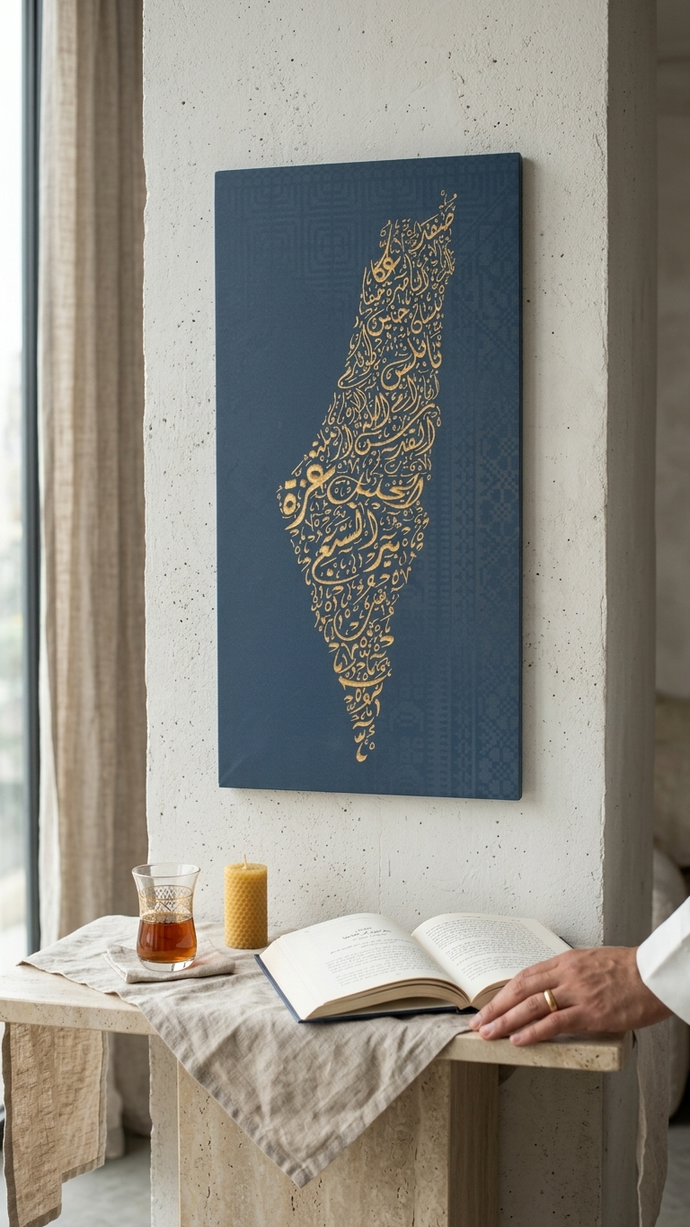Palestine Map Artwork | Unique Calligraphic Map Art with Palestinian Embroidery Design on Wood