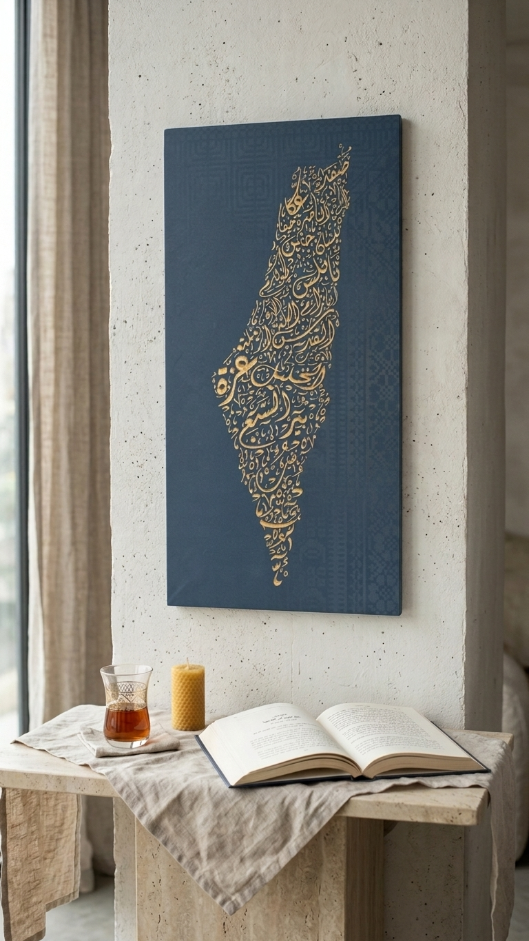 Palestine Map Artwork | Unique Calligraphic Map Art with Palestinian Embroidery Design on Wood