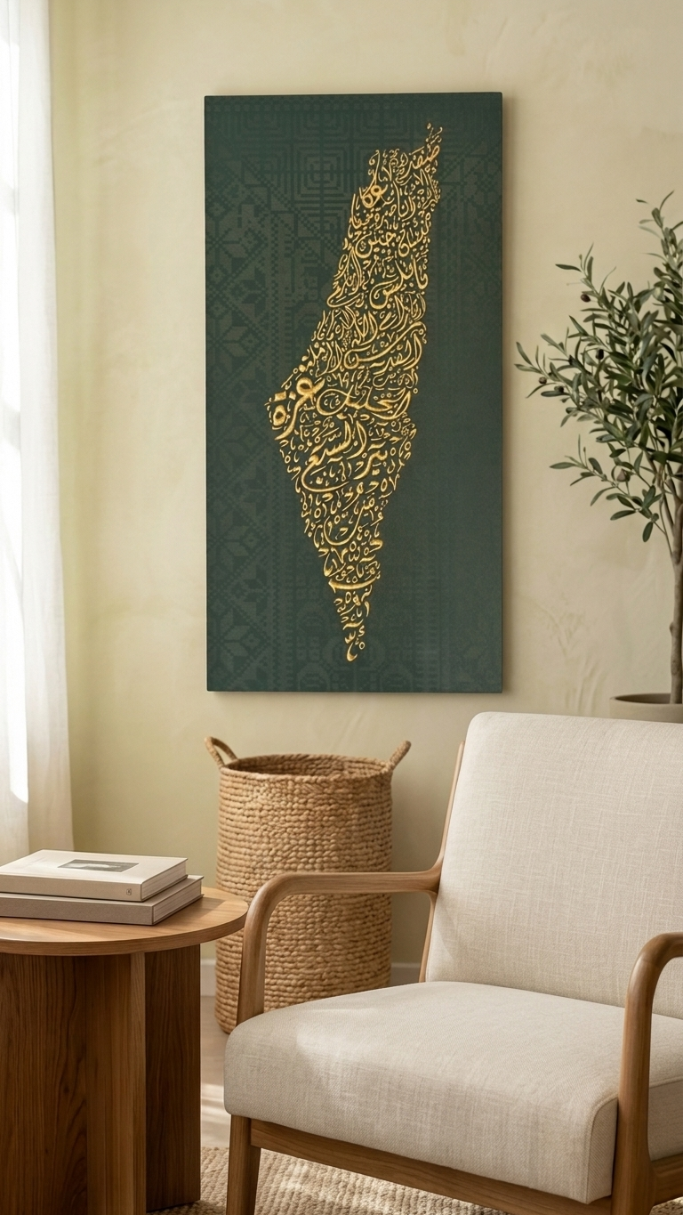 Palestine Map Artwork | Unique Calligraphic Map Art with Palestinian Embroidery Design on Wood
