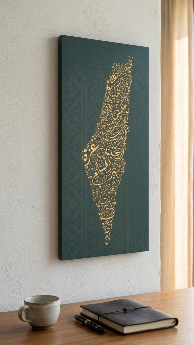 Palestine Map Artwork | Unique Calligraphic Map Art with Palestinian Embroidery Design on Wood