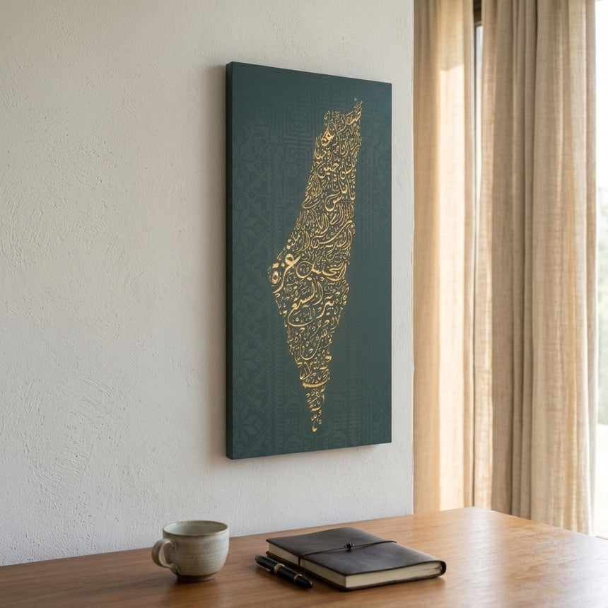 Palestine Map Artwork | Unique Calligraphic Map Art with Palestinian Embroidery Design on Wood