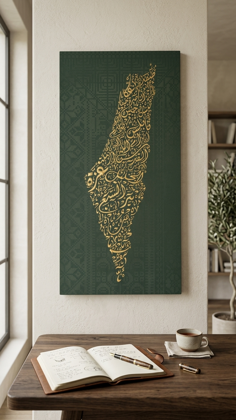 Palestine Map Artwork | Unique Calligraphic Map Art with Palestinian Embroidery Design on Wood