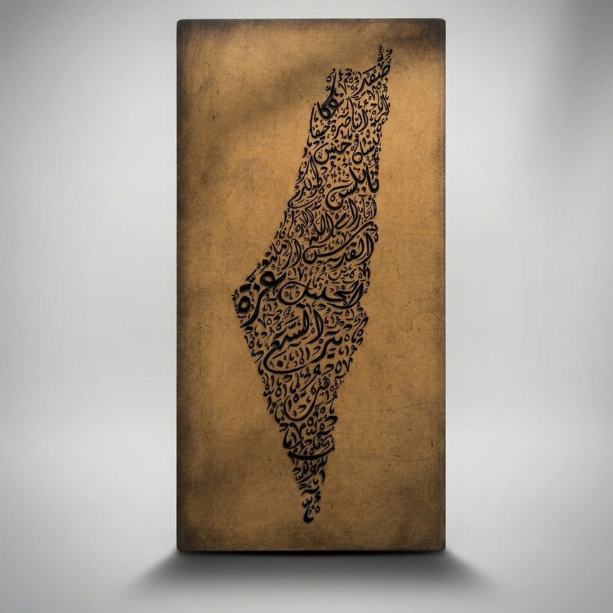 Palestine Map Artwork – Diwani Calligraphy Design | Carved Wood Wall Art