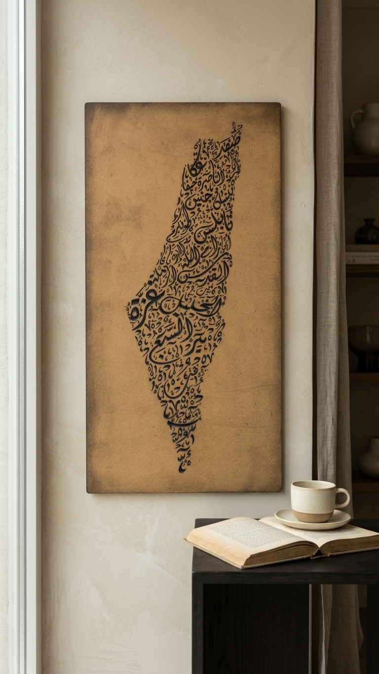 Palestine Map Artwork – Diwani Calligraphy Design | Carved Wood Wall Art