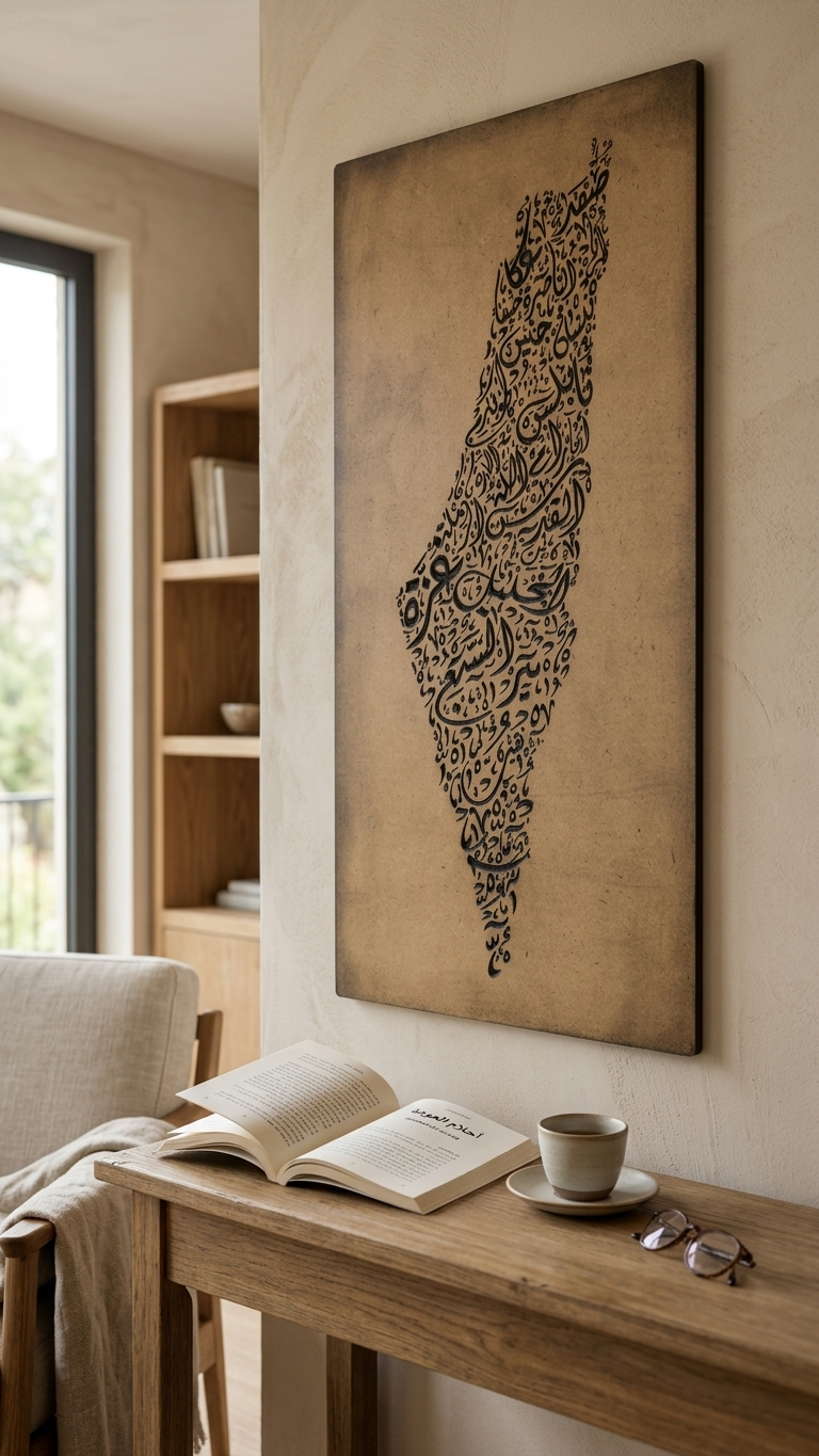 Palestine Map Artwork – Diwani Calligraphy Design | Carved Wood Wall Art