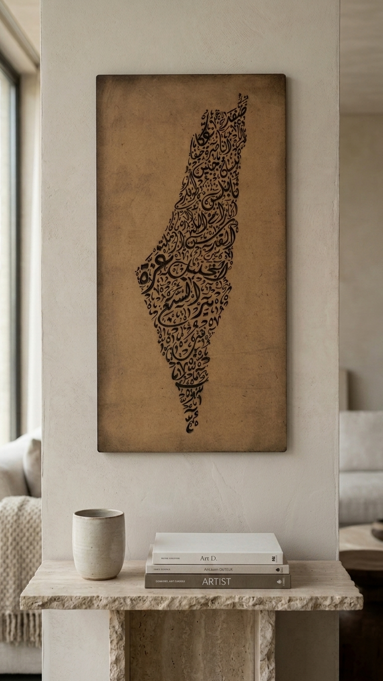 Palestine Map Artwork – Diwani Calligraphy Design | Carved Wood Wall Art