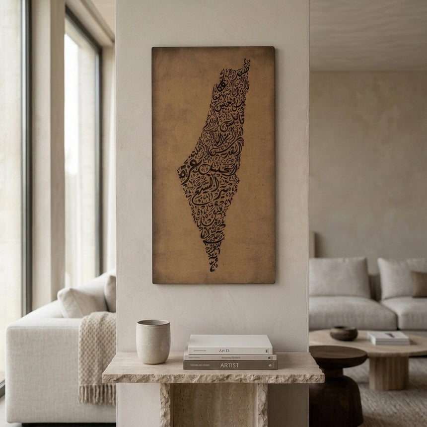 Palestine Map Artwork – Diwani Calligraphy Design | Carved Wood Wall Art