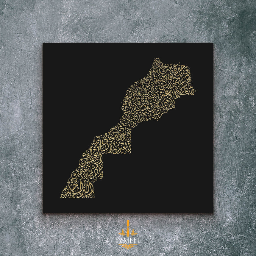 Morocco Map: Black background, Gold carving
