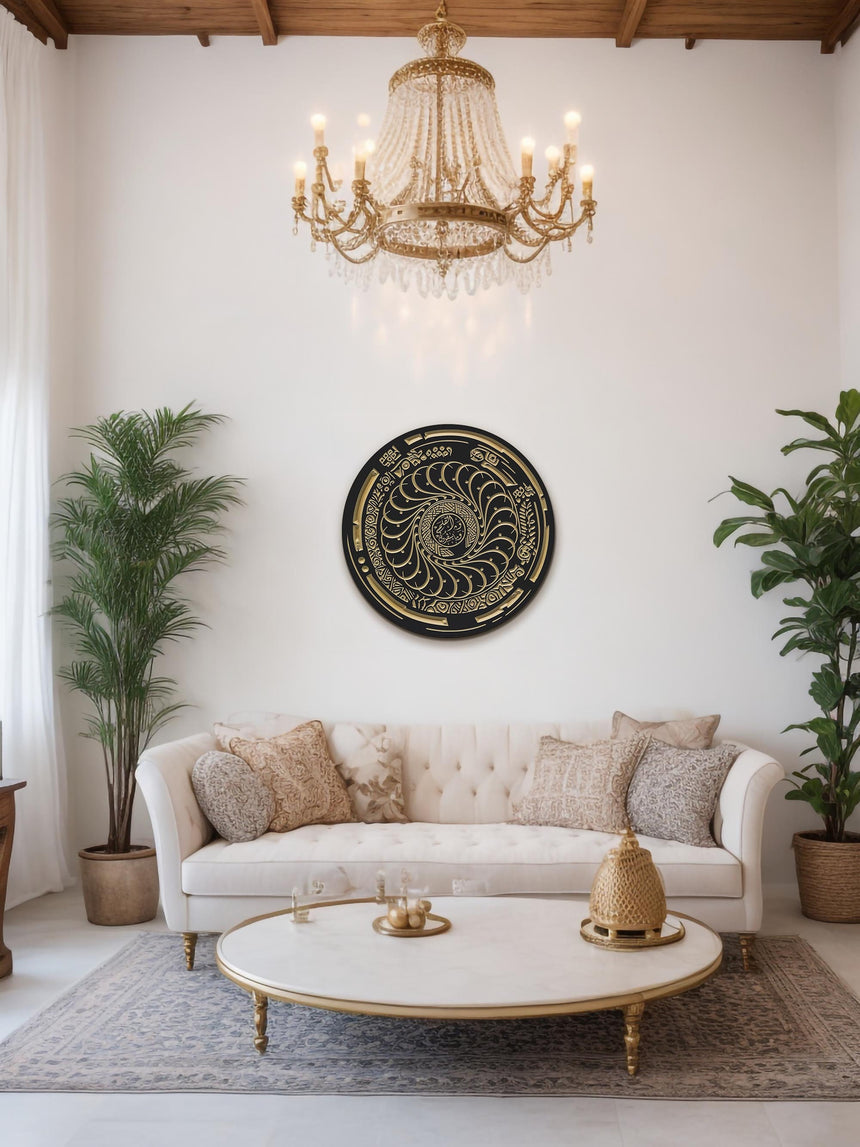 a living room with a couch, coffee table and a chandelier