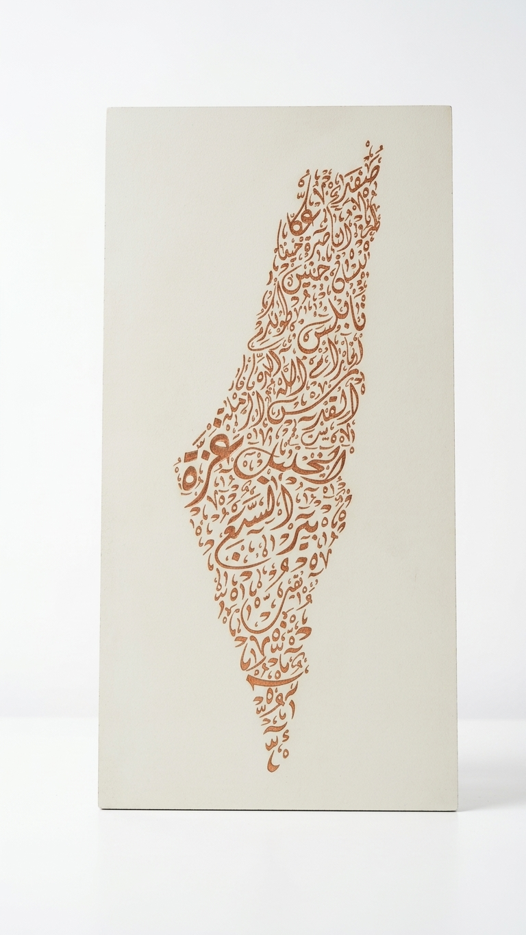 Palestine Map Artwork – Diwani Calligraphy Design | Carved Wood Wall Art