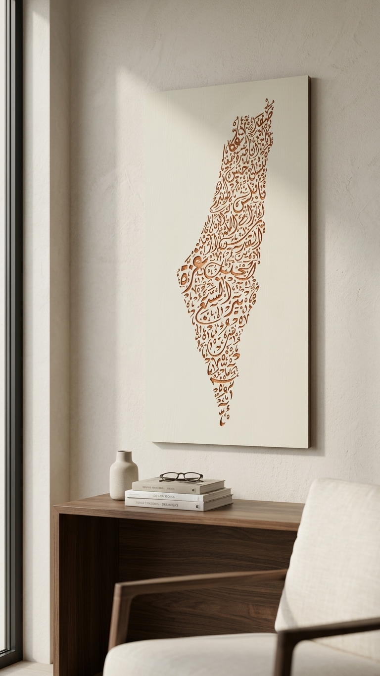 Palestine Map Artwork – Diwani Calligraphy Design | Carved Wood Wall Art