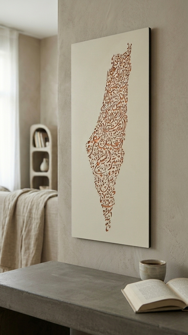 Palestine Map Artwork – Diwani Calligraphy Design | Carved Wood Wall Art